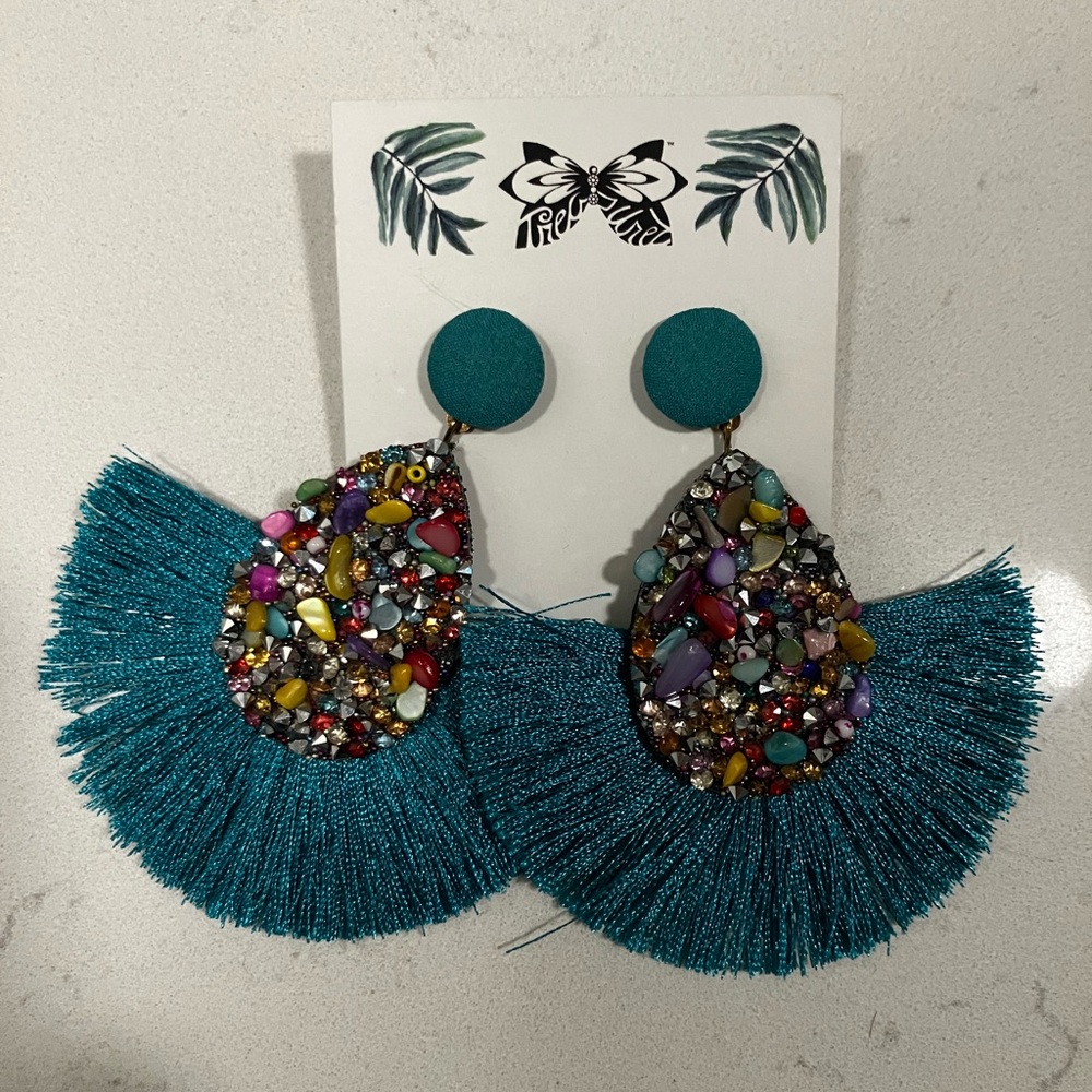 Teal Beaded Fringe Earrings